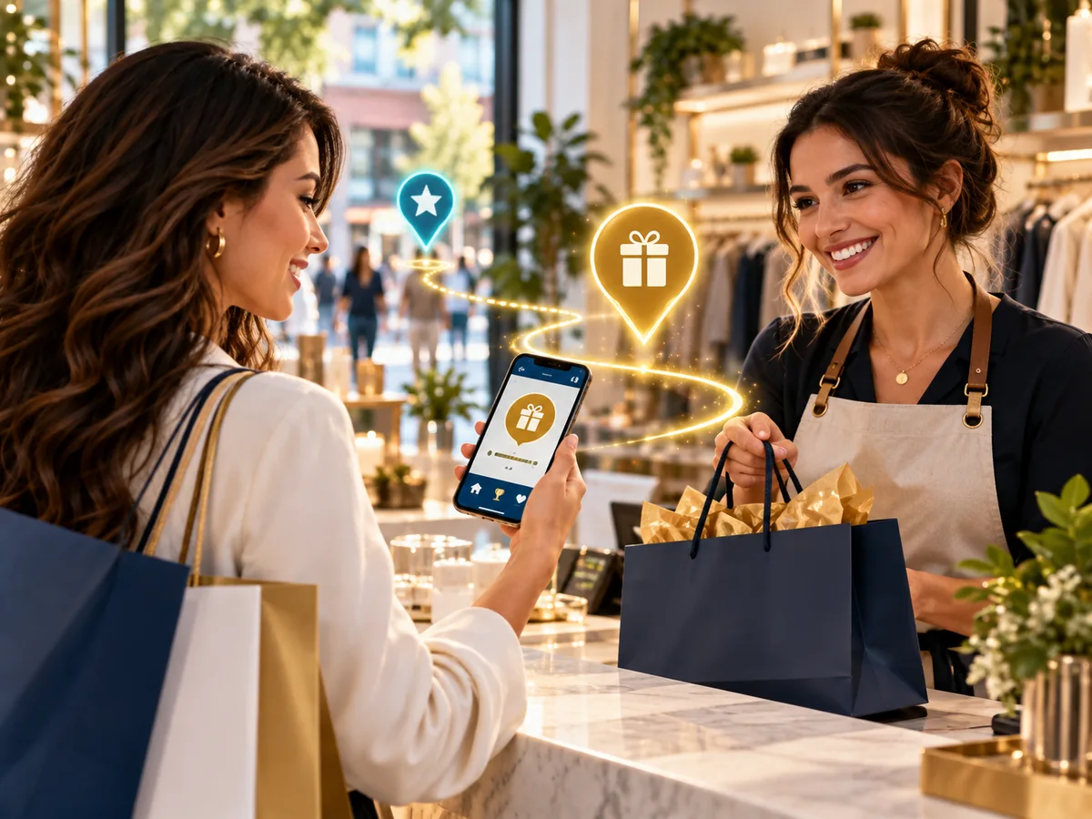 Retailer welcoming a shopper who is viewing a location-based loyalty reward on a smartphone