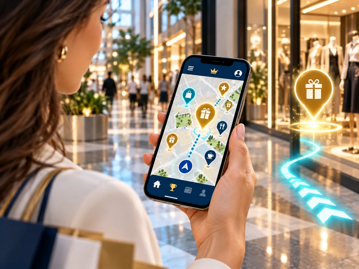 Close-up of a shopper using a mobile map with location-based reward pins inside a shopping centre