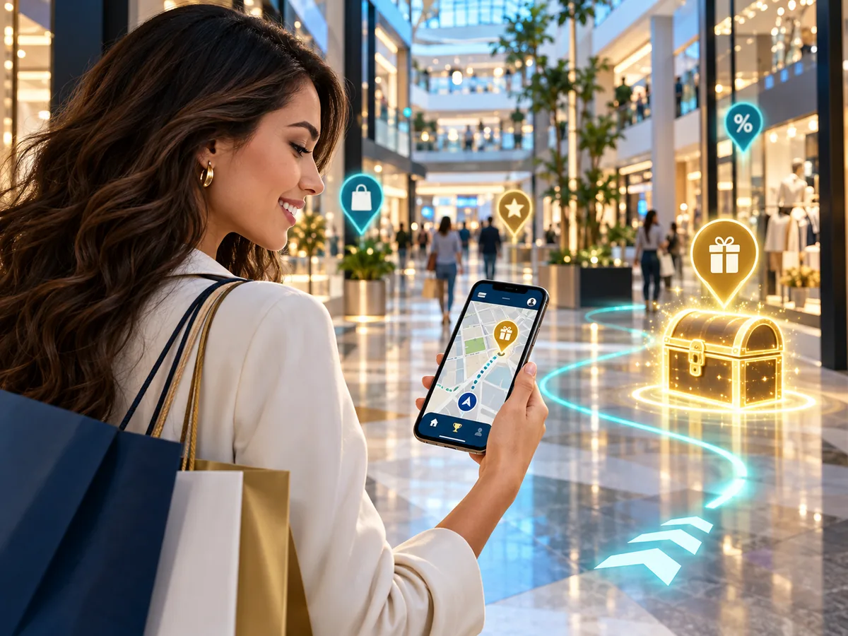 Shopper using a mobile rewards map to discover digital treasure and local retail offers in a shopping mall