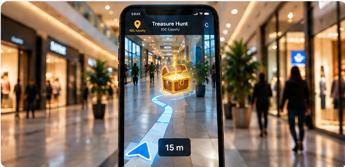 Illustrated AR treasure hunt on a smartphone inside a shopping centre